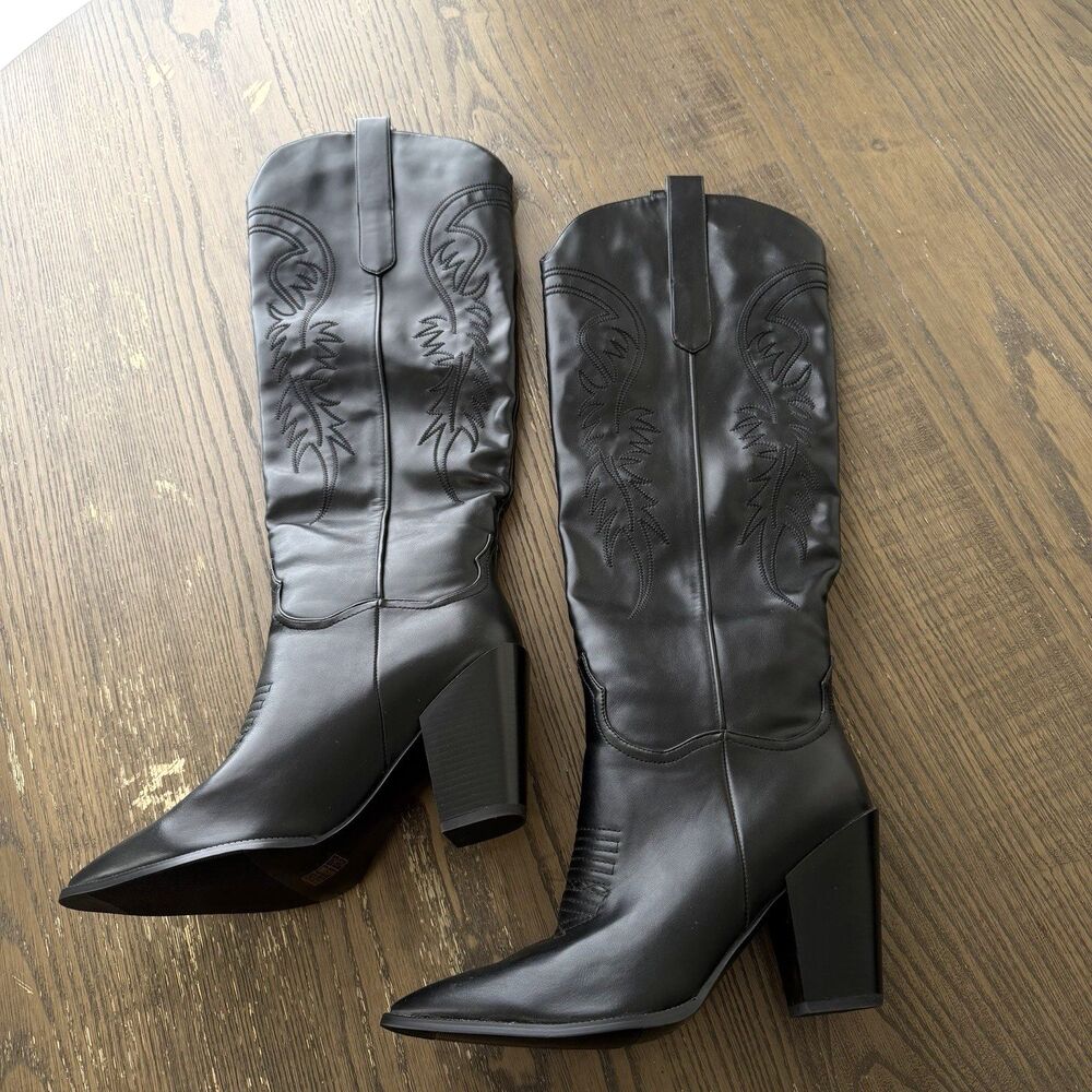 ISNOM Western Cowgirl Black Knee High Boots Size 12 Block Heel Pointed Toe LJ277